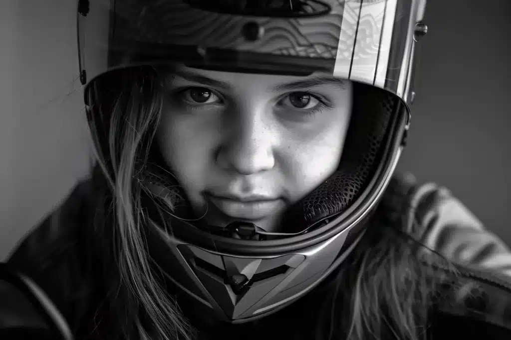 “Retrato em preto e branco de uma criança usando capacete integral de motocross, olhando diretamente para a câmera