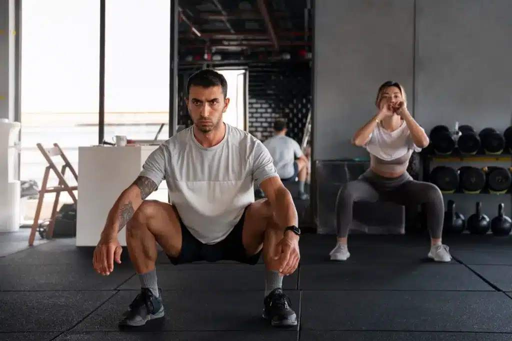 Homem e mulher realizando exercícios de agachamento em treino HIIT em uma academia moderna.