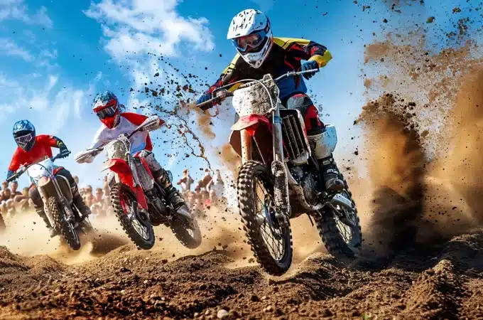 Pilotos de motocross acelerando em uma corrida de rally, levantando poeira em um terreno de areia sob céu azul.
