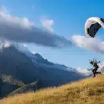 Um homem pratica speed flying, correndo por uma encosta gramada de montanha com um parapente aberto acima dele. Montanhas majestosas e um céu azul com nuvens brancas são visíveis ao fundo, transmitindo uma sensação de aventura e liberdade.