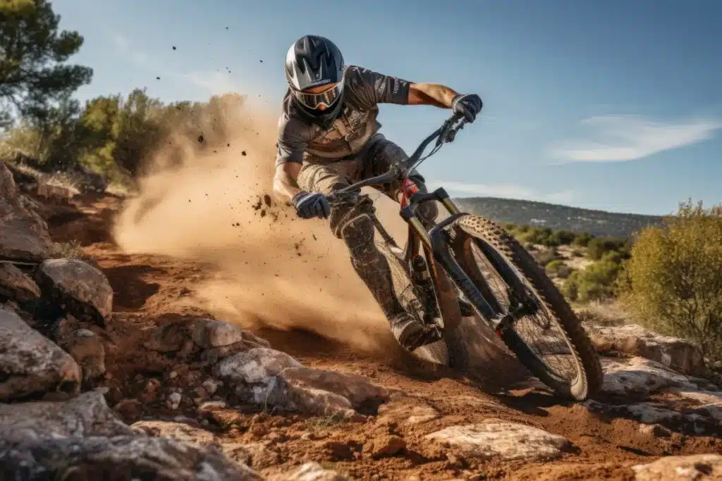 Um ciclista usando capacete integral e óculos de proteção, realizando uma curva fechada em alta velocidade em uma trilha de mountain bike em terreno off-road seco. A roda traseira derrapa, levantando uma grande nuvem de poeira e terra. A imagem representa esportes radicais de duas rodas.