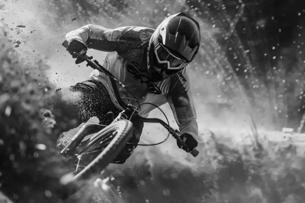 Um ciclista usando capacete integral e óculos de proteção, realizando uma curva fechada em alta velocidade em uma trilha de mountain bike em terreno off-road seco. A roda traseira derrapa, levantando uma grande nuvem de poeira e terra. A imagem representa esportes radicais de duas rodas.