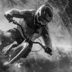 Um ciclista usando capacete integral e óculos de proteção, realizando uma curva fechada em alta velocidade em uma trilha de mountain bike em terreno off-road seco. A roda traseira derrapa, levantando uma grande nuvem de poeira e terra. A imagem representa esportes radicais de duas rodas.