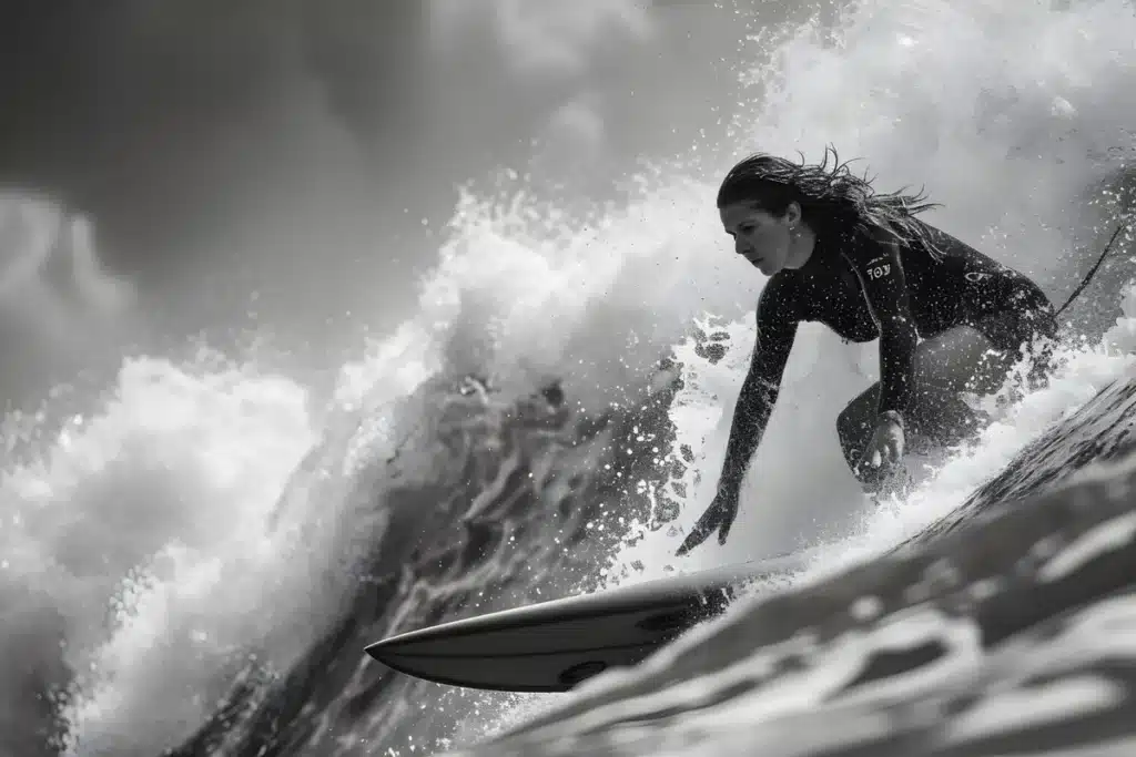 Foto em preto e branco de uma surfista em macacão de mergulho pegando uma grande onda, com foco na sua concentração e na força da água, ideal para imagens de esportes radicais e empoderamento feminino.