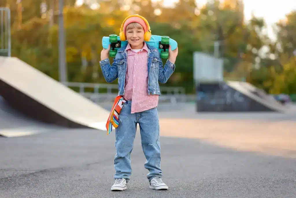 Menino em parque, segurando skate atrás da nuca