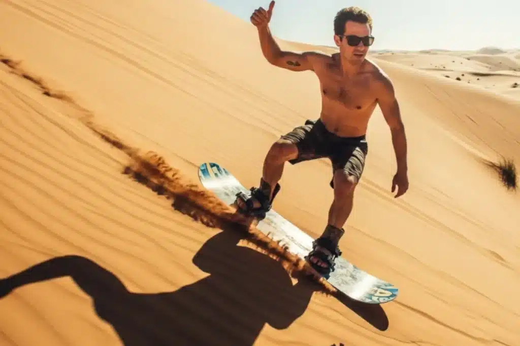 homem praticando sandboarding descendo duna de areia com prancha